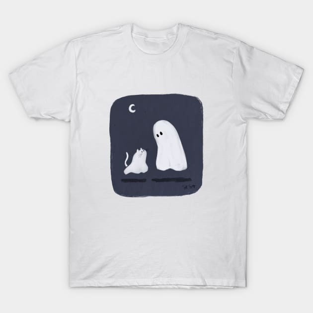 Happy Ghost and Cat Friend T-Shirt by SRSigs